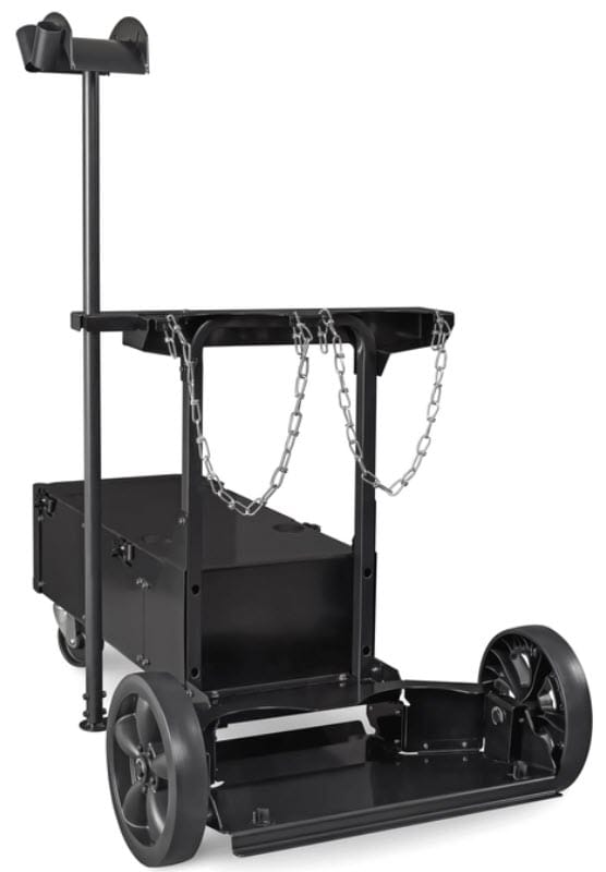 Black metal welding cylinder cart with two wheels and a storage box
