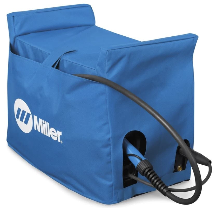 Blue Miller protective cover for welding equipment with cables extending from the side