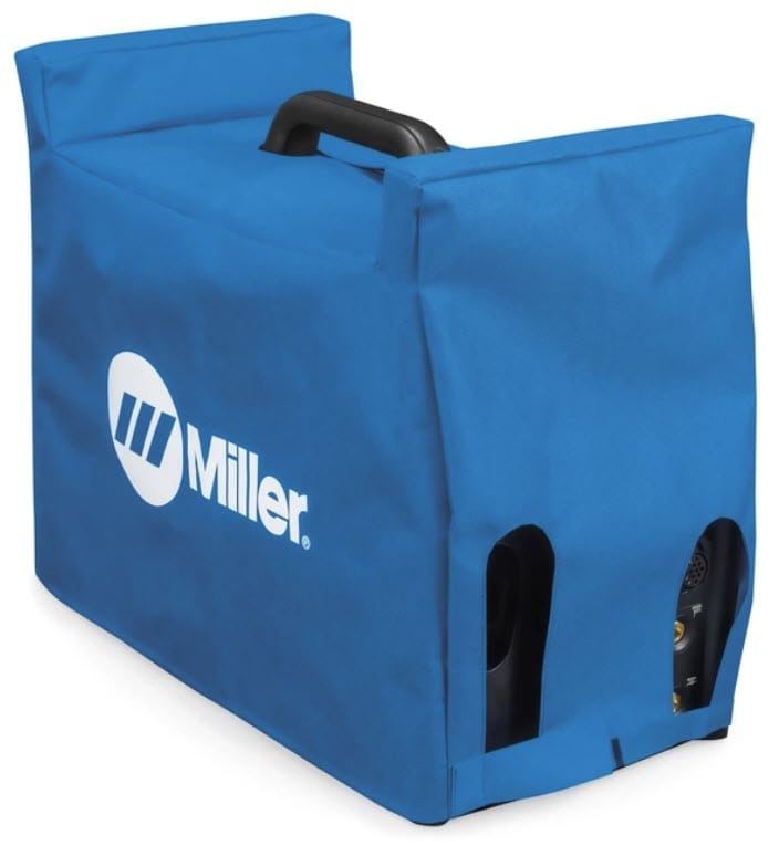 Blue Miller protective cover for welding equipment with a black carrying handle