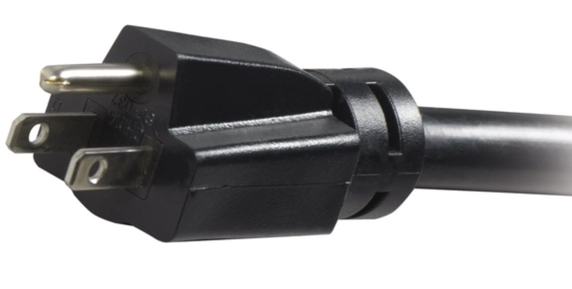 Black three prong electrical power plug