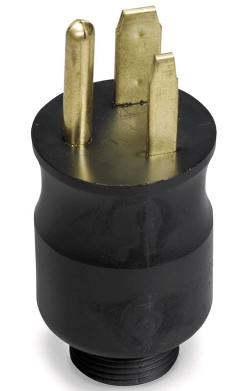 Three prong electrical plug with black casing and brass pins