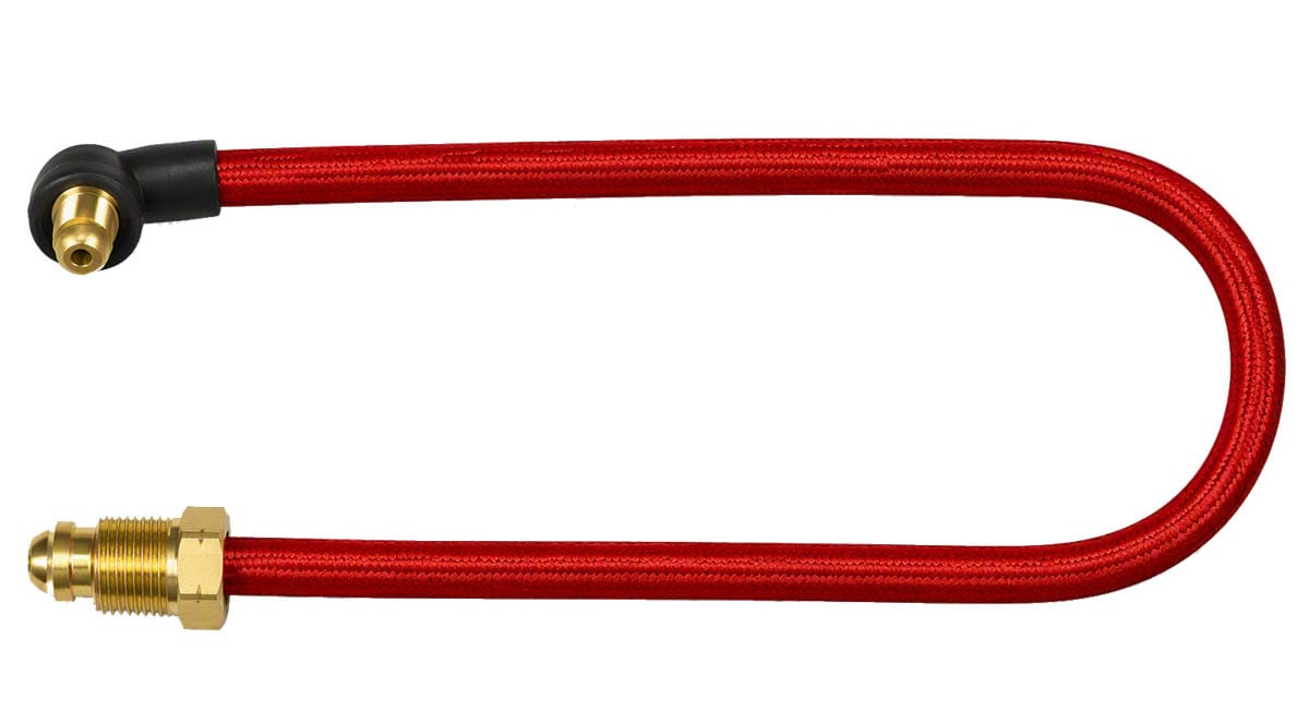 Red braided hose with brass fittings on both ends