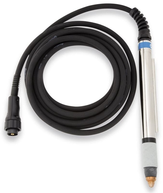 Plasma cutting torch with black cable and metal handle