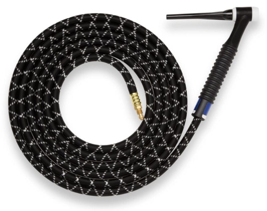Weldcraft TIG welding torch with black and white braided cable