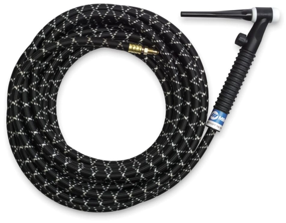 Weldcraft TIG welding torch with black and white braided cable