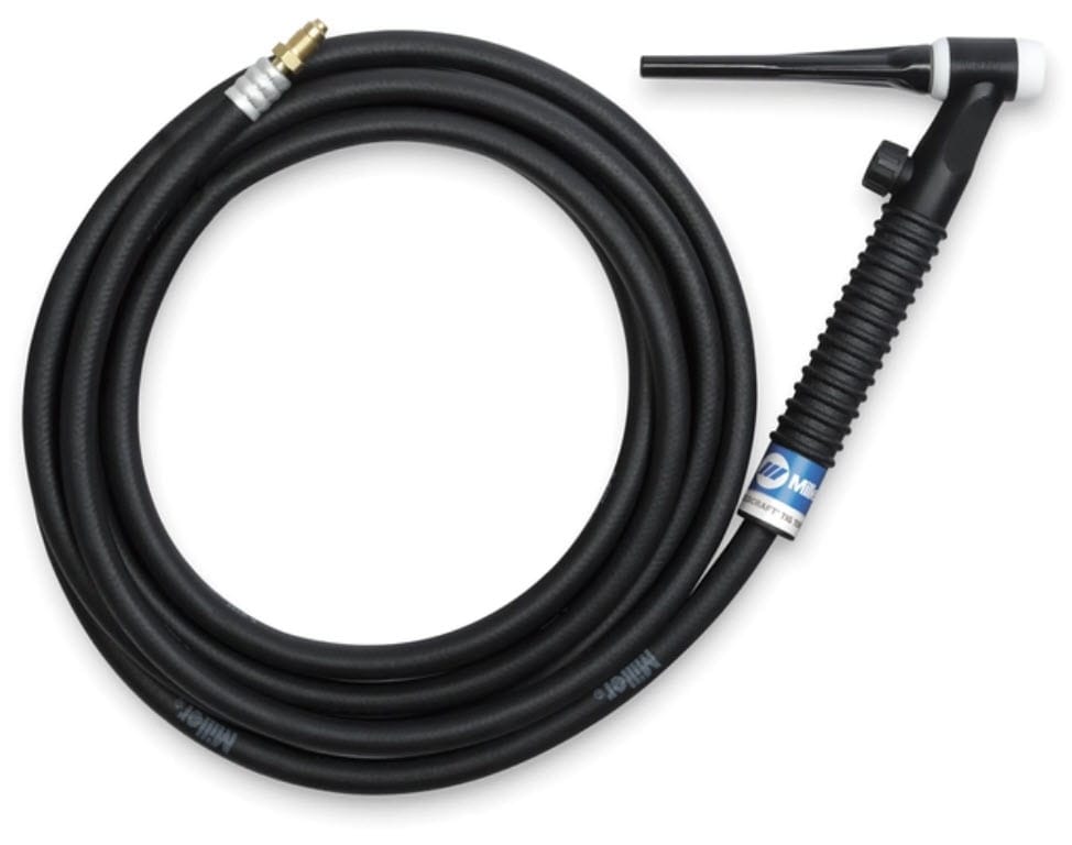 Weldcraft TIG welding torch with black rubber hose and brass connector