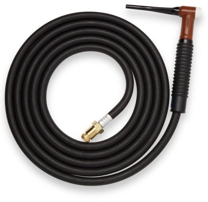 Weldcraft TIG welding torch with coiled black cable and brass connector