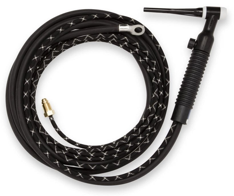 Weldcraft TIG welding torch with black braided cable and metal connectors