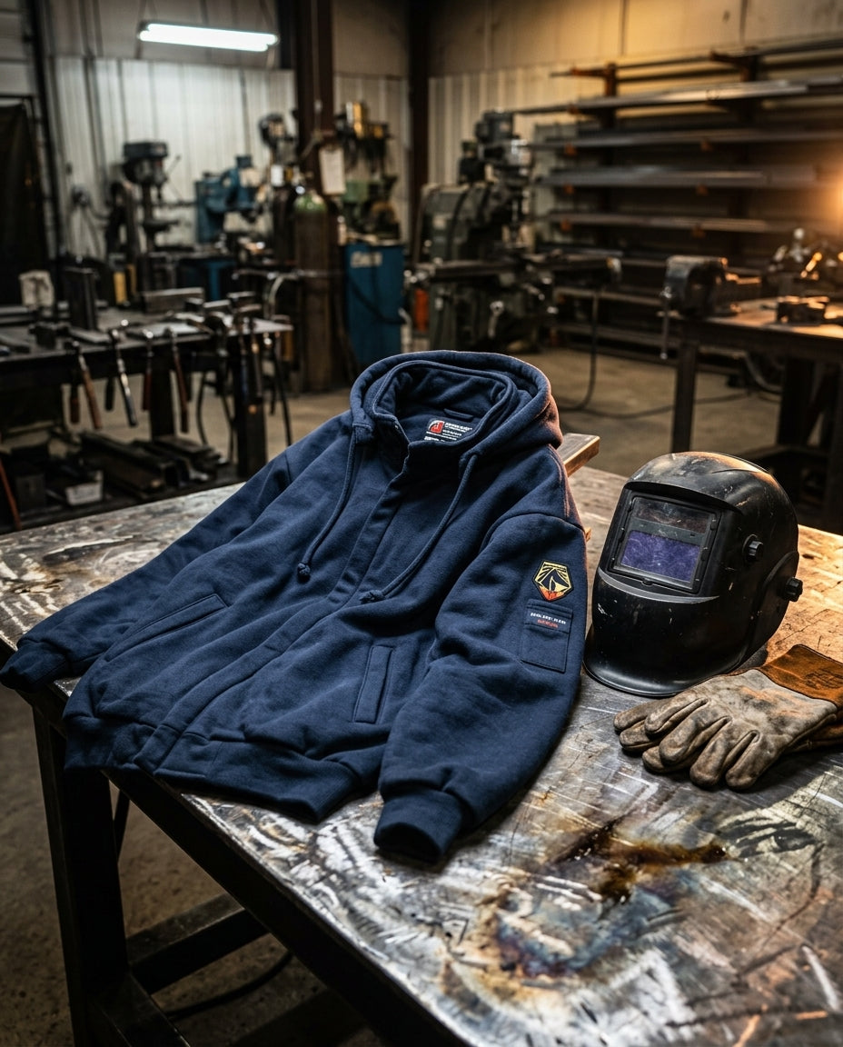 Flame-resistant hooded sweatshirt — Industrial Workbench Lifestyle | Generated by Modelize