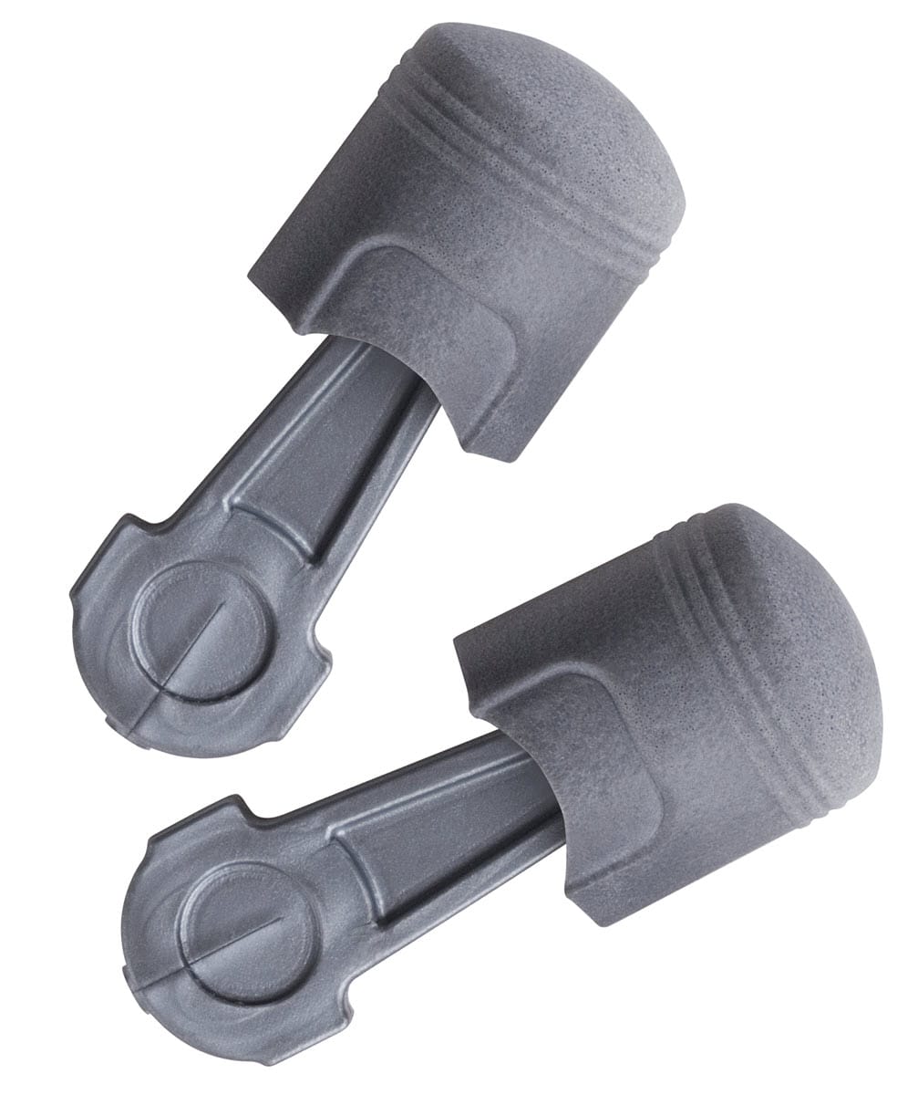 Two grey foam earplugs with stems