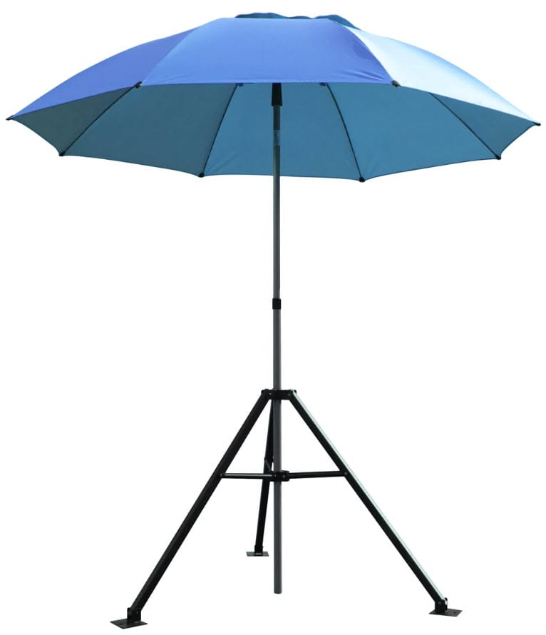 Black Stallion blue outdoor umbrella on a black tripod stand