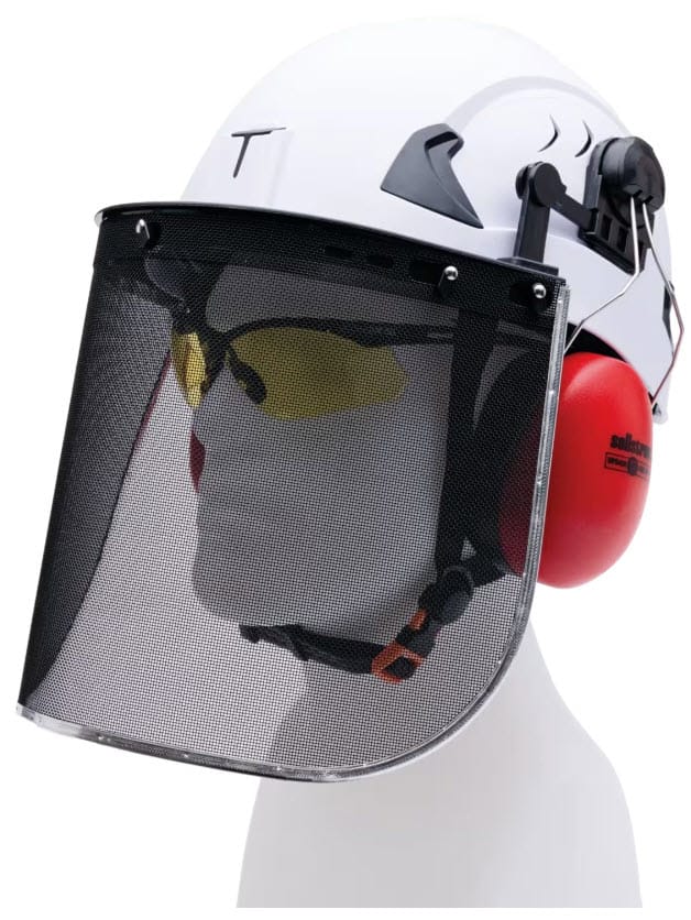 Jackson Safety white hard hat with mesh face shield and red earmuffs on a mannequin head
