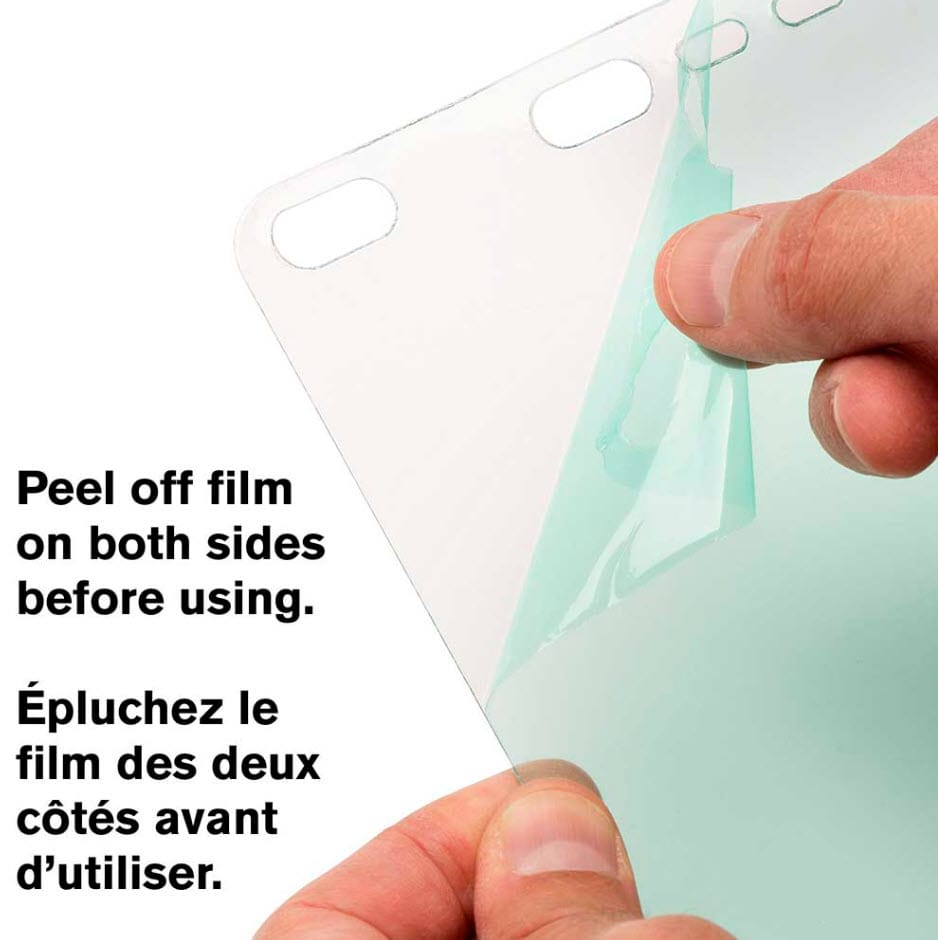 Jackson Safety face shield protective film being peeled off by hand
