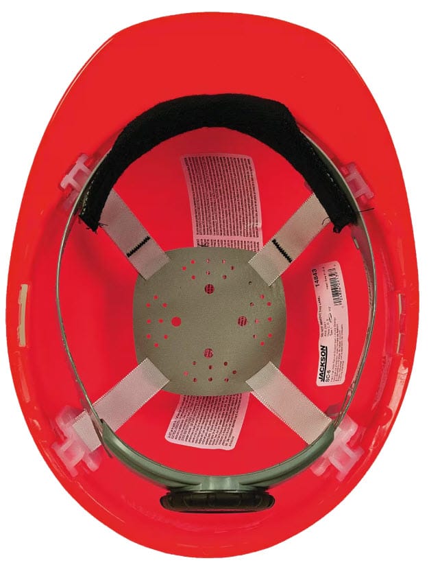 Interior view of a red Jackson Safety hard hat showing the adjustable suspension system and sweatband