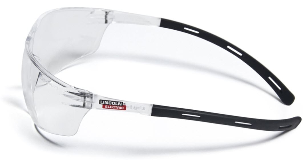 Clear safety glasses with black temples and Lincoln Electric branding