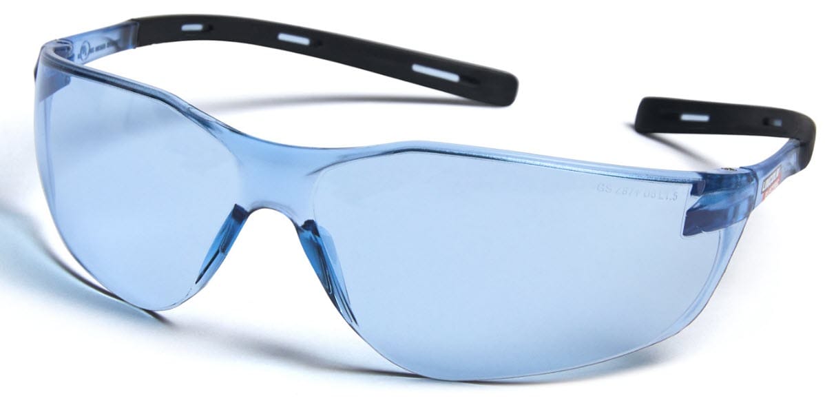 Blue tinted safety glasses with black temples