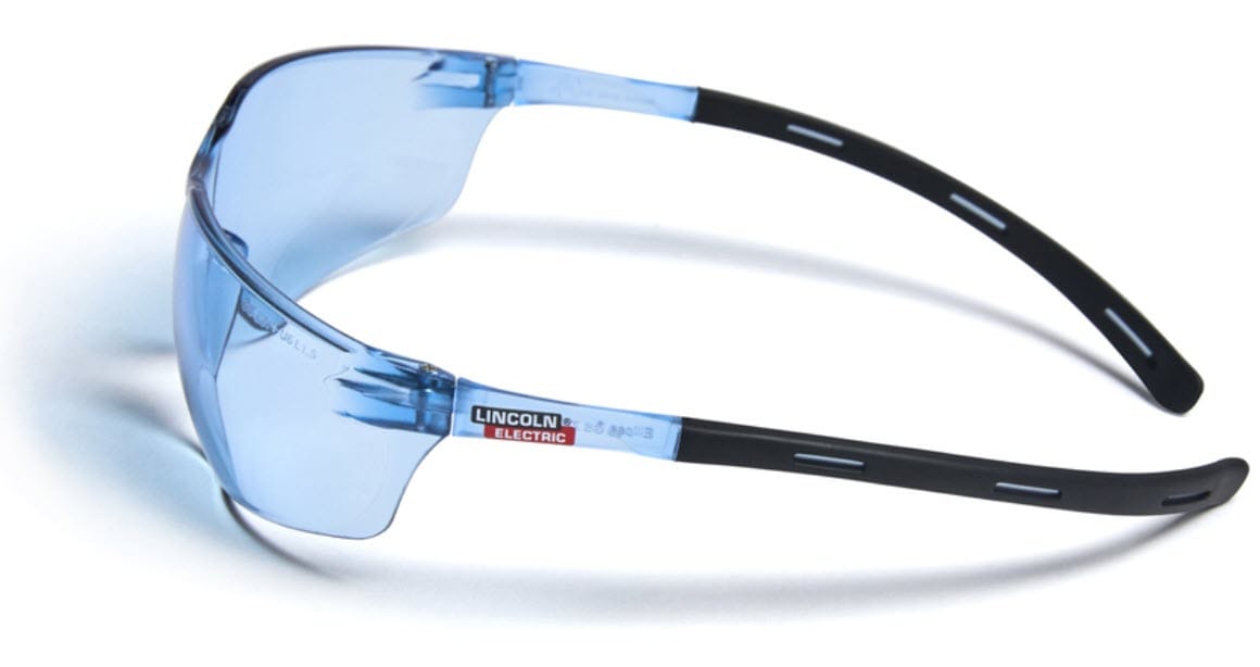 Lincoln Electric blue safety glasses with black temples