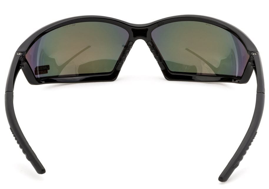 Black wrap around sunglasses with dark tinted lenses viewed from the inside