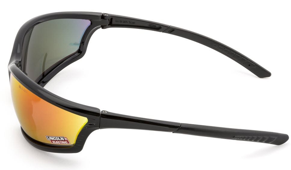 Black safety glasses with orange reflective lenses and Lincoln Electric logo