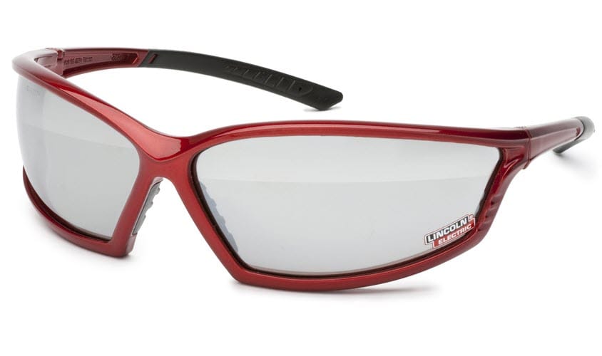 Red frame safety glasses with clear lenses and Lincoln Electric logo