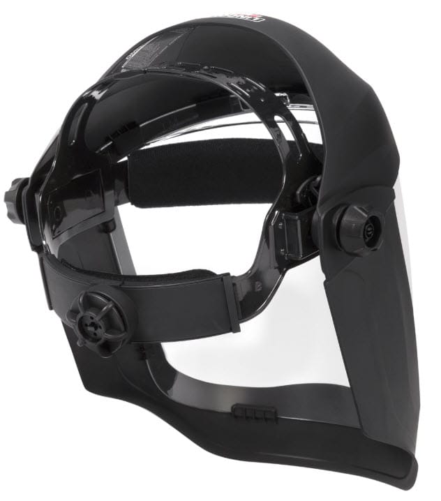 Black protective face shield with adjustable headgear