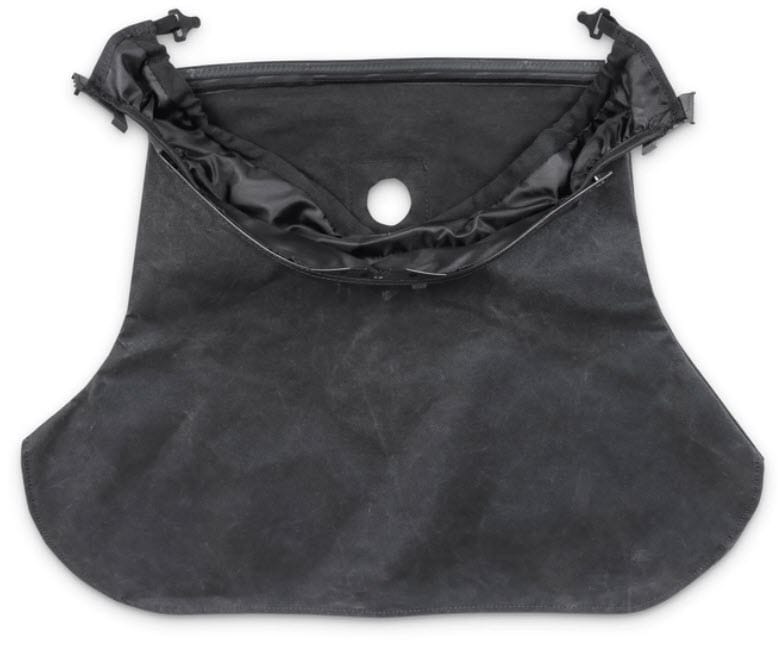 Black fabric motorcycle tank bib with central hole and top mounting clips
