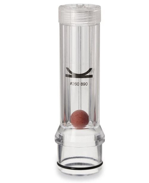 Clear plastic flow meter tube with a red ball inside