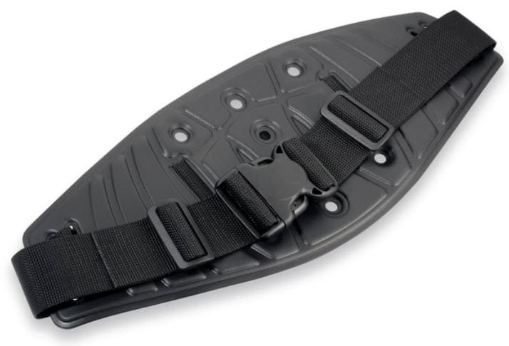 Black plastic back plate with adjustable nylon strap and buckle