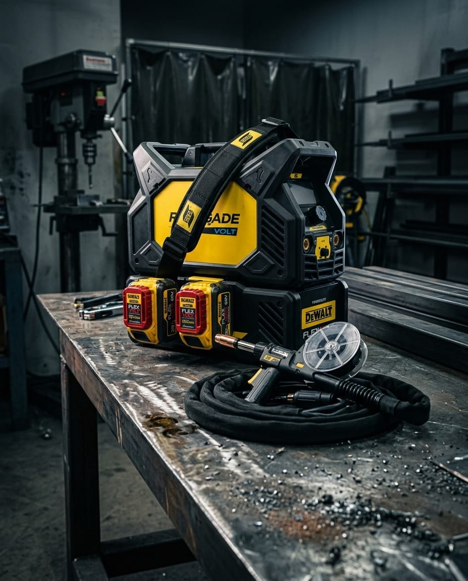 Portable battery-powered multi-process welder package — Rugged Jobsite Context | Generated by Modelize