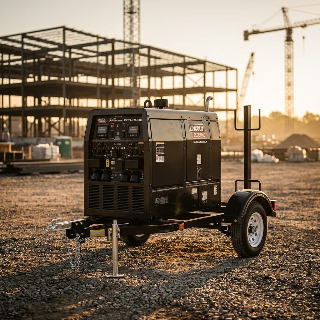 Engine-driven dual welder with custom trailer — Industrial Job Site Placement | Generated by Modelize