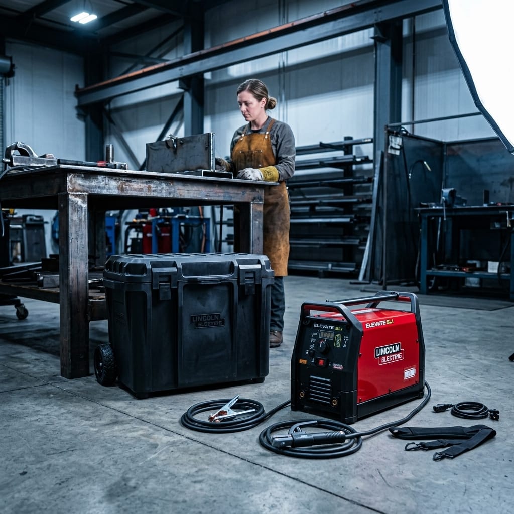 Portable battery-powered welder with rolling protective case — Workshop Ready Lifestyle | Generated by Modelize