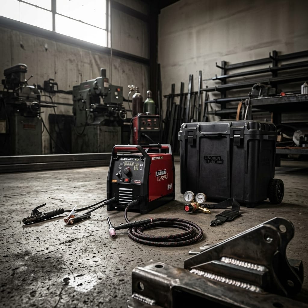 Battery-powered welder and TIG kit with rolling case — Remote Job Site Lifestyle | Generated by Modelize