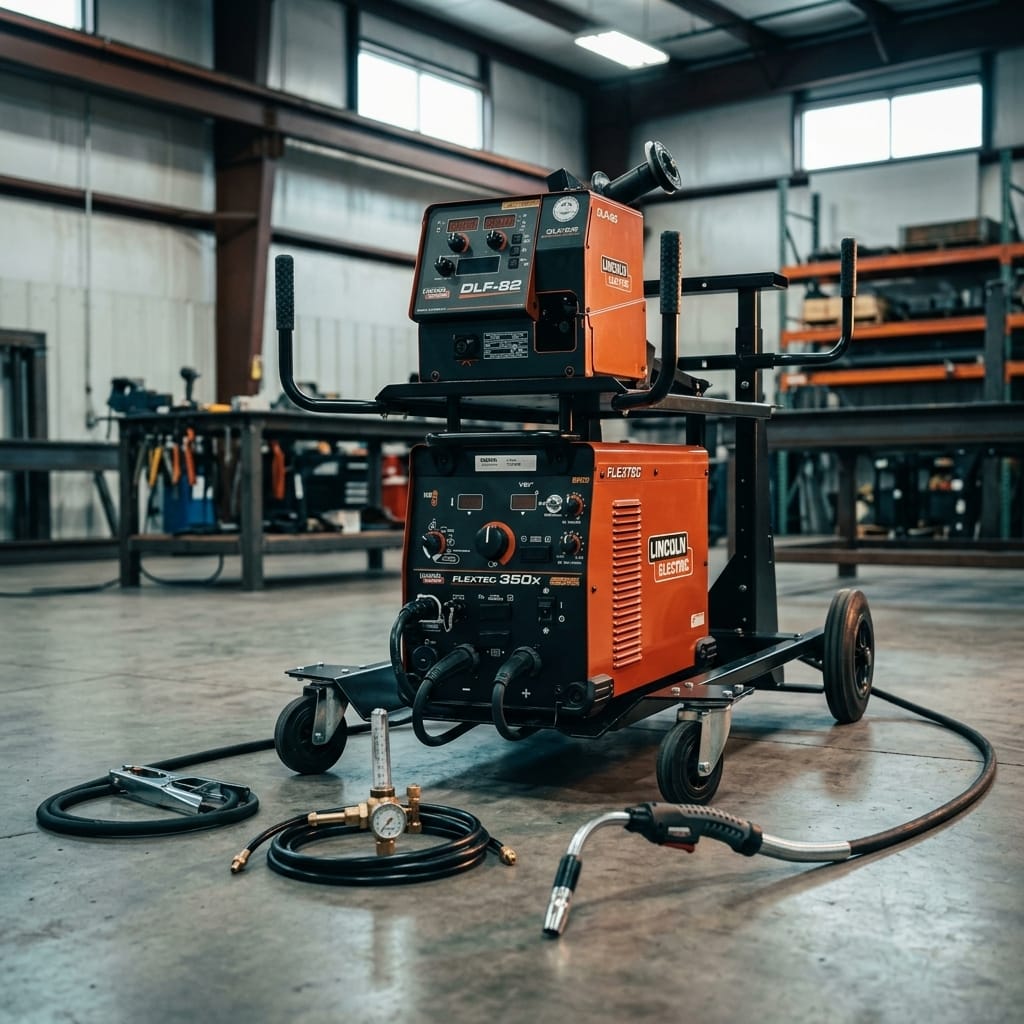 Industrial multi-process welding system with wire feeder and cart — Industrial Workshop Scene | Generated by Modelize