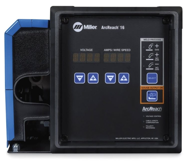 Miller ArcReach 16 welding control interface with digital displays and process selection buttons