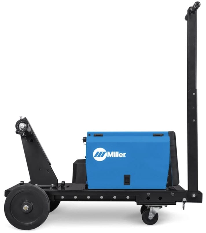 Miller blue welding machine on a black metal cart with wheels and a handle