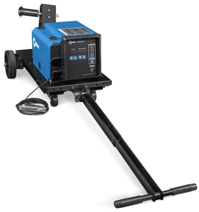 Miller ArcReach 16 wire feeder on a rolling cart with a handle
