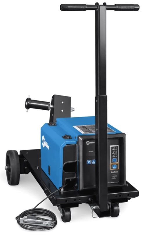 Miller welding machine on a black rolling cart with a handle
