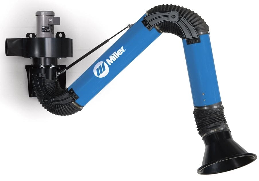 Miller wall mounted fume extraction arm with blue tube and black funnel hood