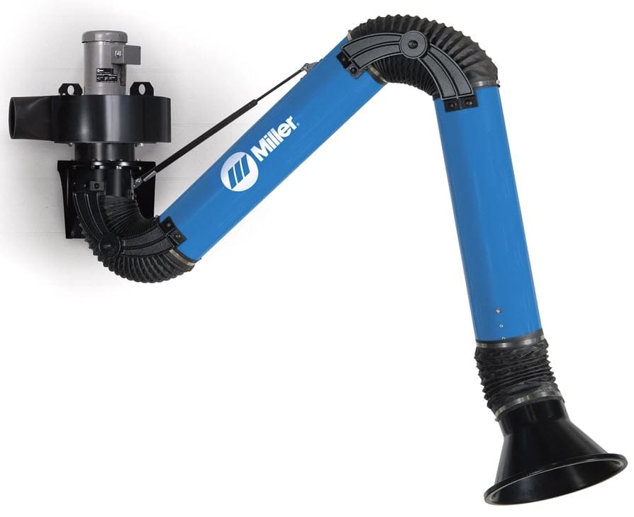 Miller wall mounted blue fume extraction arm with black intake hood
