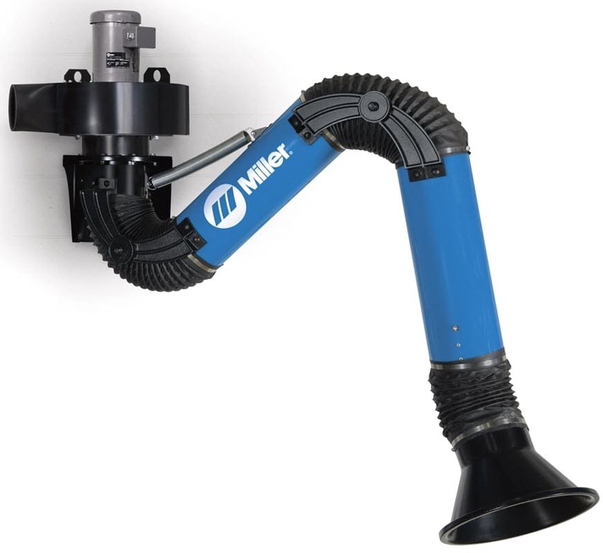 Miller wall mounted fume extraction arm with blue tube and black nozzle