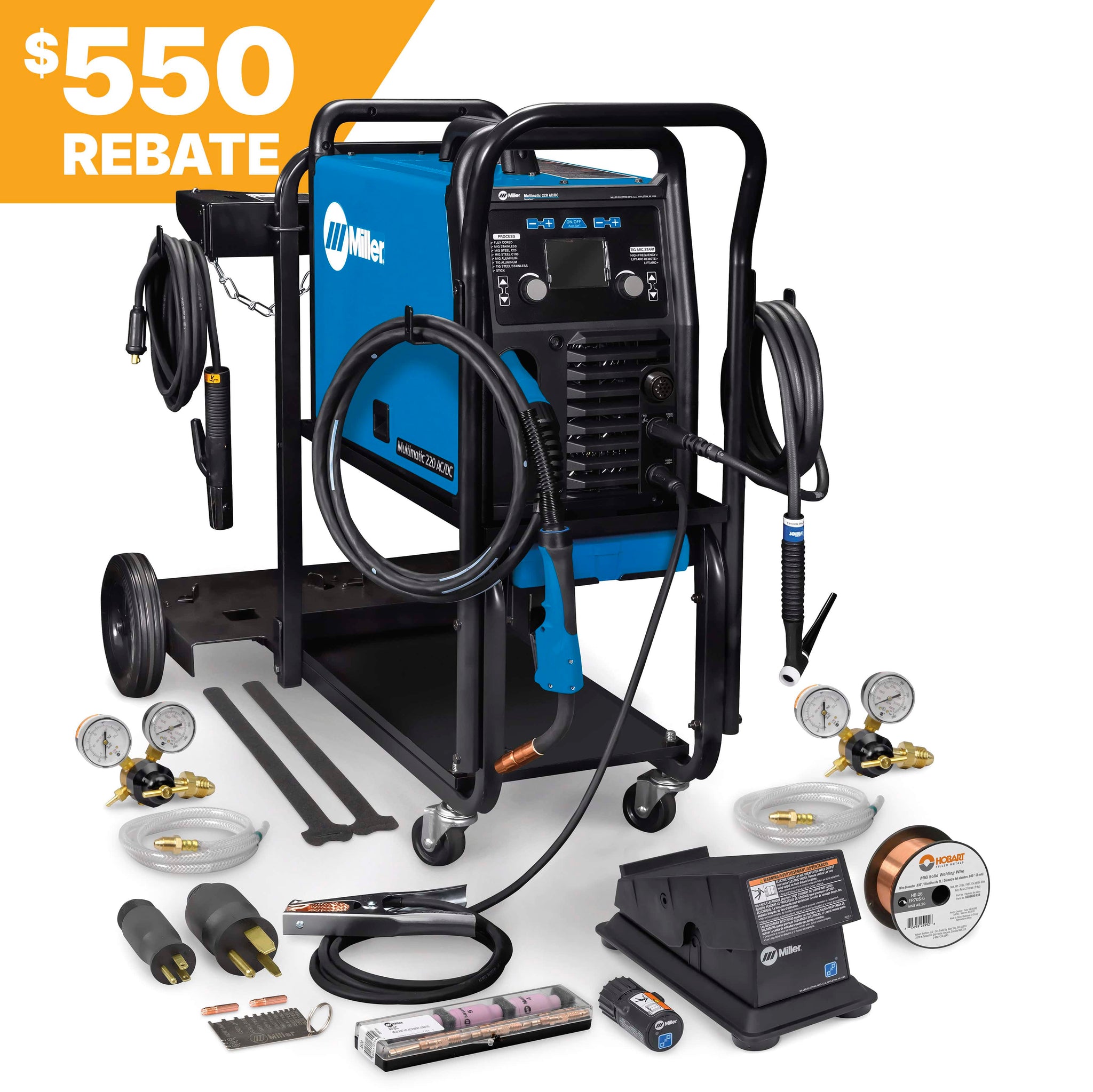 Miller Multimatic 220 AC/DC w/Dual Cylinder Cart & Wireless Foot Contr