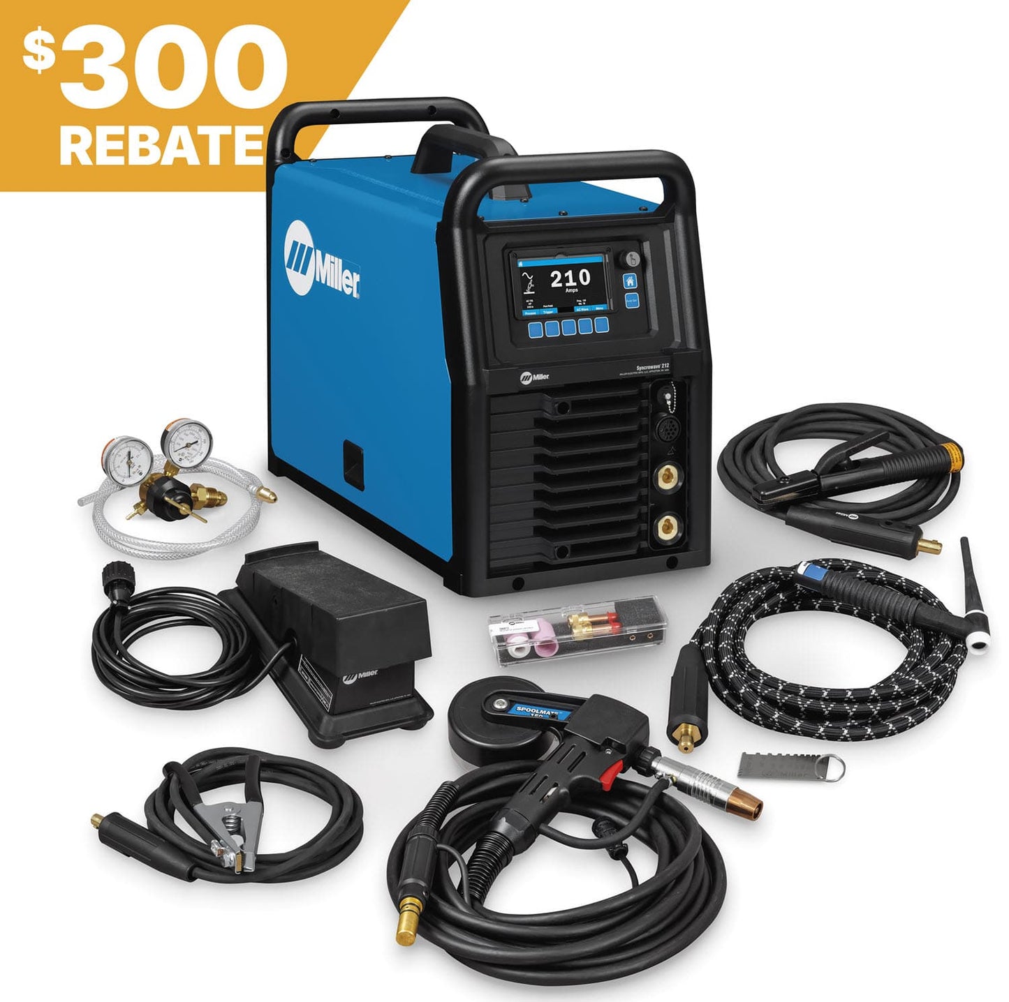 Miller Syncrowave 212 welder with foot pedal, spool gun, TIG torch, cables, and gas regulator