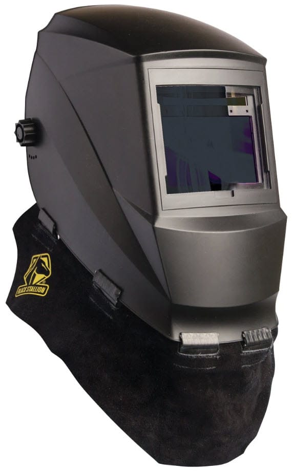 Black Stallion welding helmet with leather neck protector