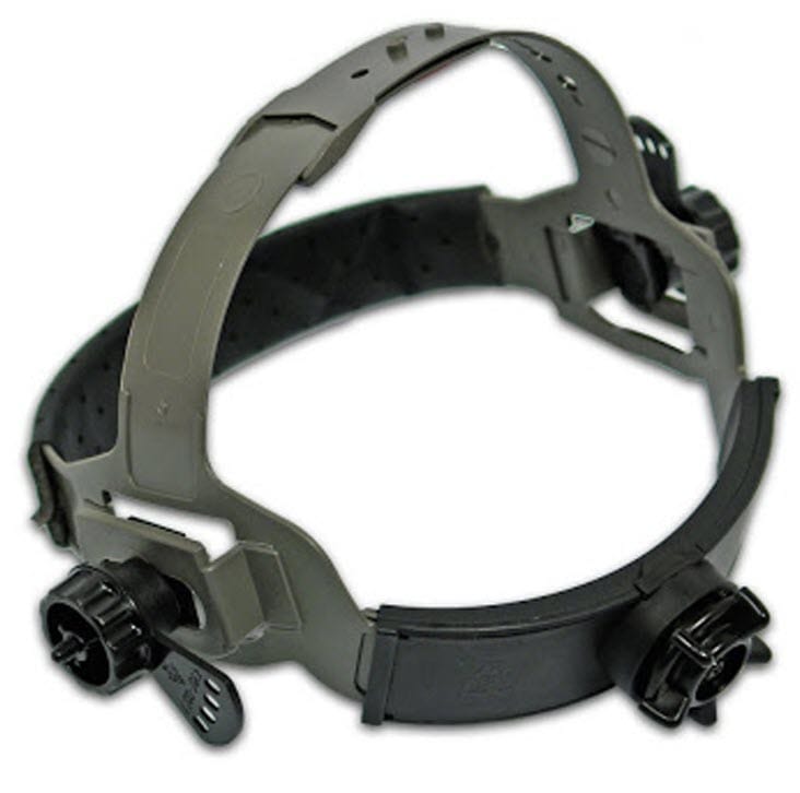 Adjustable grey plastic headgear suspension for a welding helmet