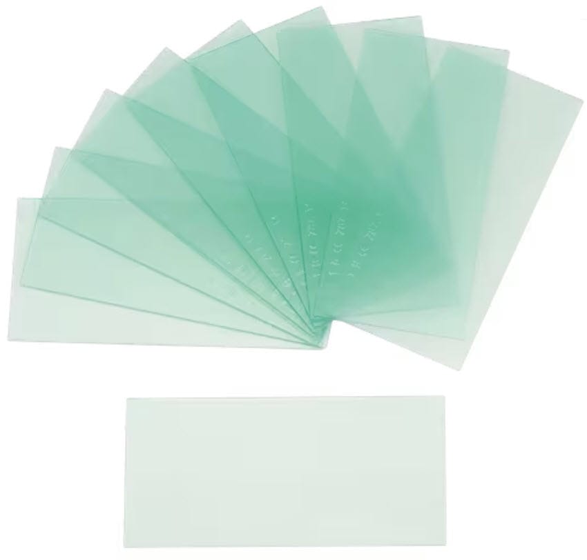 Jackson Safety green tinted rectangular welding filter plates arranged in a fan shape