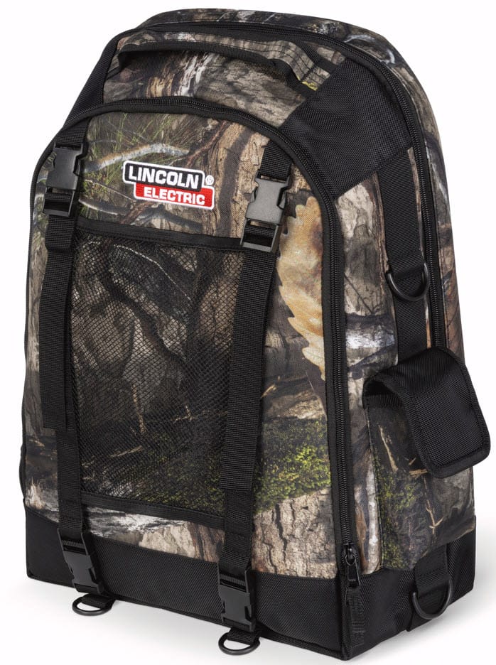 Lincoln Electric camo backpack with black straps and mesh front pocket