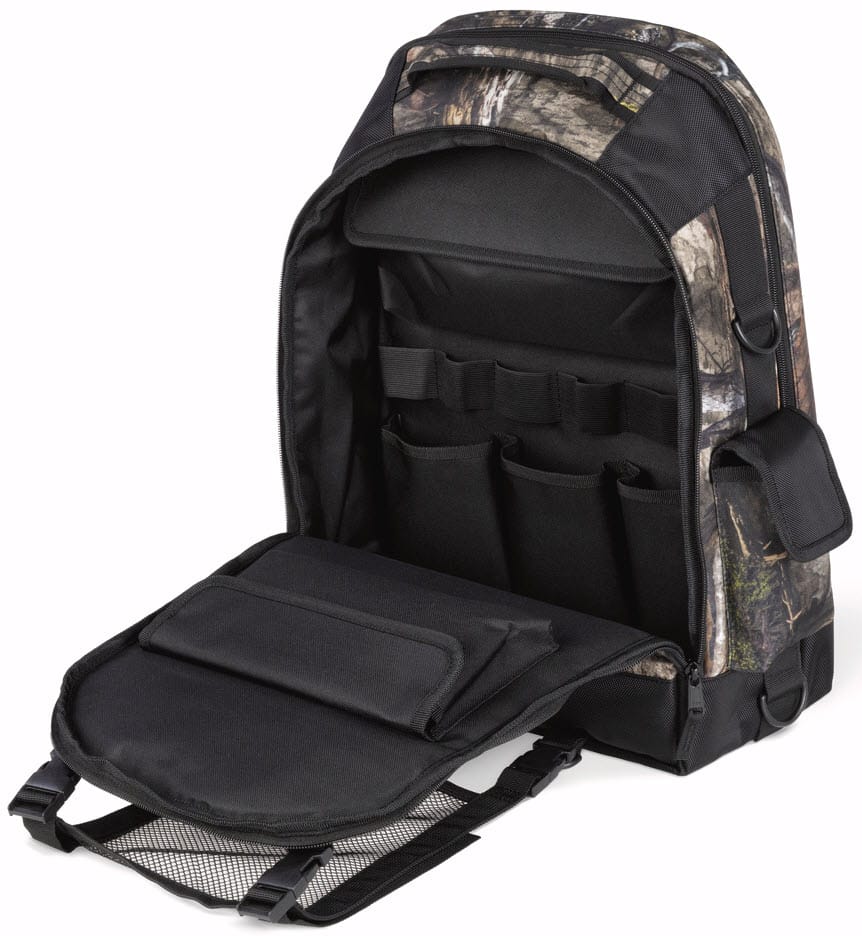 Open camo backpack with internal storage pockets and mesh compartment