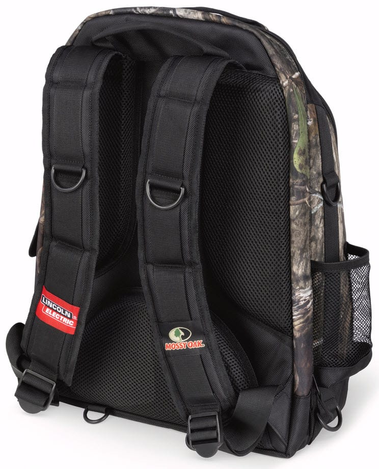 Back view of a camouflage backpack with padded shoulder straps and mesh side pockets