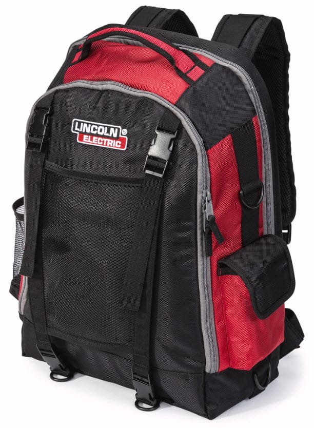 Lincoln Electric black and red tool backpack with mesh pocket and adjustable straps
