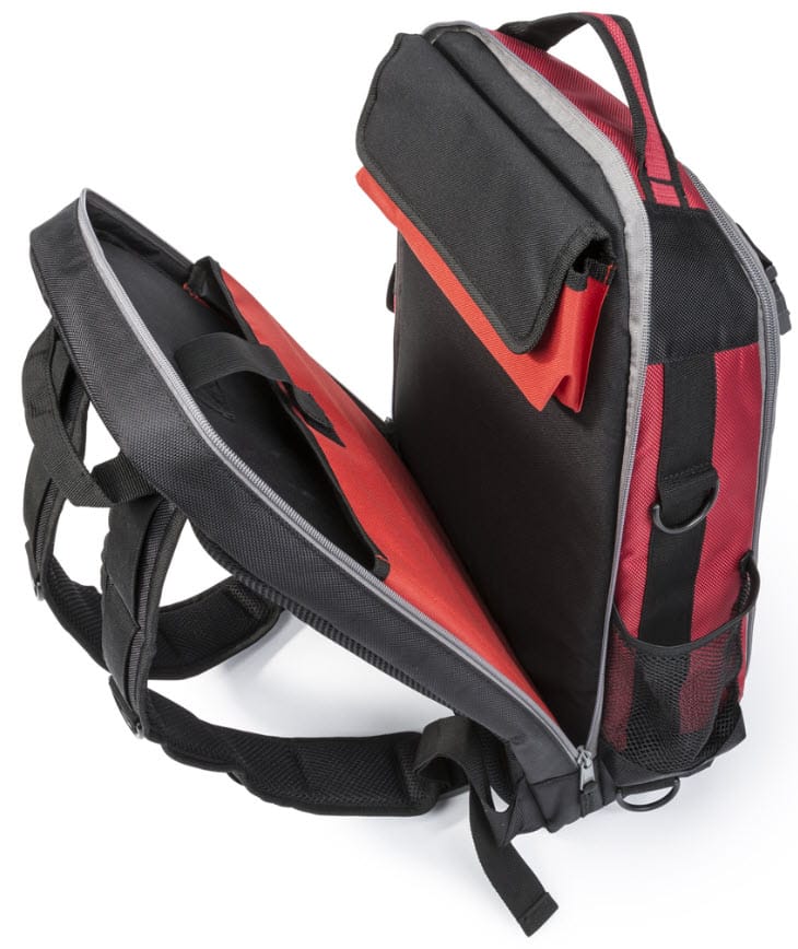 Lincoln red and black tool backpack with open main compartment